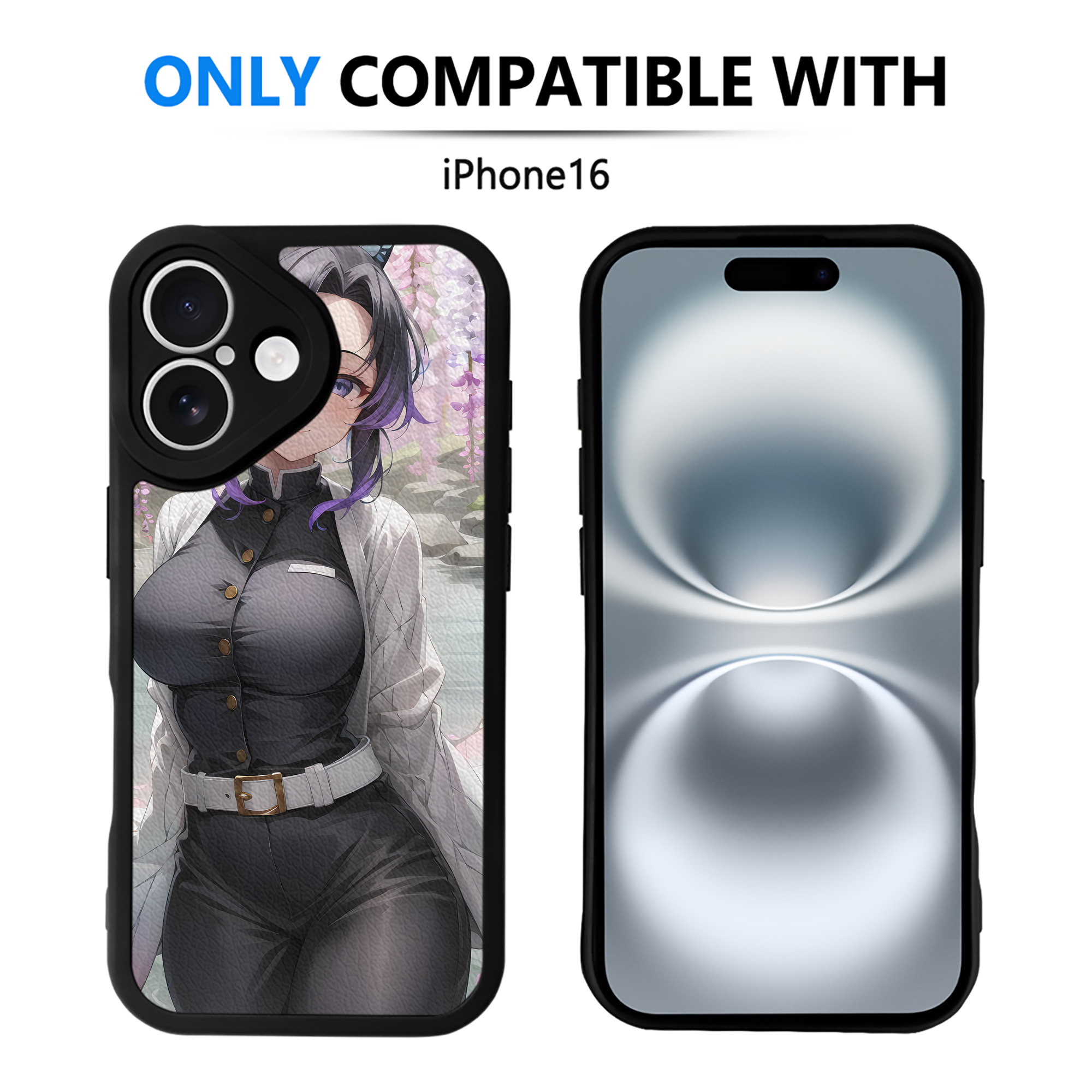 （画像用） 鬼滅の刃（きめつのやいば）蟲柱-胡蝶 しのぶ／こちょう しのぶ Kochou Shinobu 【iPhone 16シリーズ対応】シリコンスマホケース（レザー調） 材質：シリコン